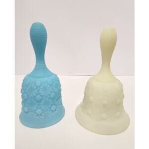 Pair of Fenton Art Glass Bells Satin Blue & White Daisy Button Pattern